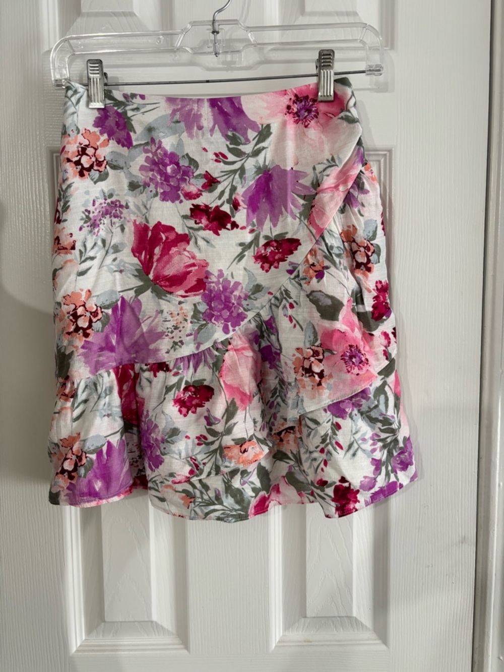 Express Floral Ruffle Wrap Mini Skirt - Pink, Purple & White